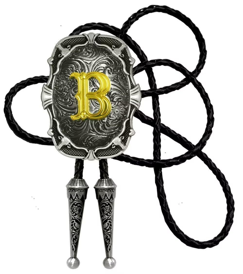 5817 Bolo Tie Silver Initial Letter A to Z In Western Cowboy Medal Style